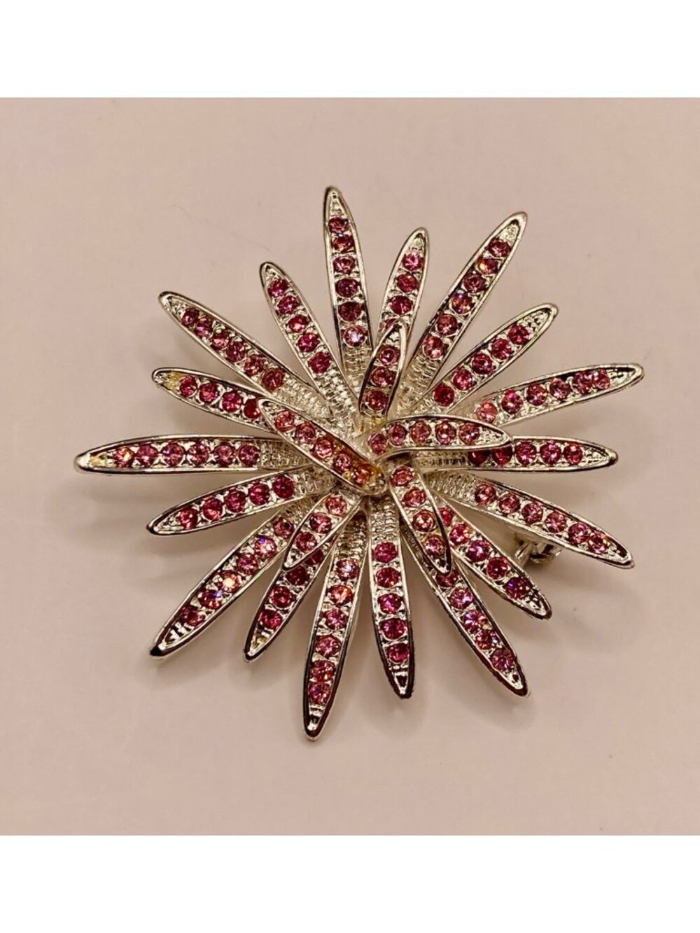 Pink Rhinestone Flower Starburst Brooch Pin Silver-Tone -108B